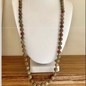 Unakite gemstone vintage necklace – green and pink – 30 inches long